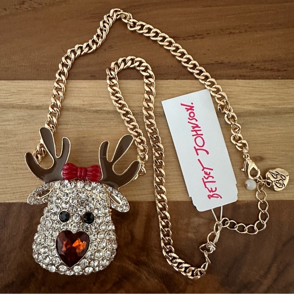 Betsey Johnson Gold Tone Crystal Pave Amber Reindeer Sparkly Pendant Necklace - Picture 1 of 3